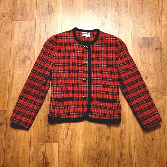 Vintage Pendleton Plaid Wool Jacket Blazer Red Black Size MP - Picture 1 of 9